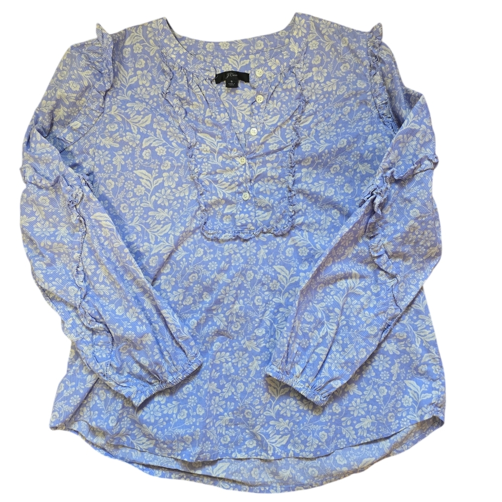 J. Crew Cotton Floral Periwinkle 1/4 Button Down Blouse Size Small